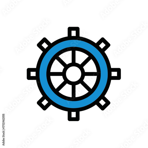 Blue wheel controls navigation system ocean sailing