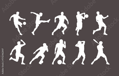 Sports silhouettes set, athletes in action poses, running, jumping, soccer, basketball, tennis, fitness training, workout, vector pack