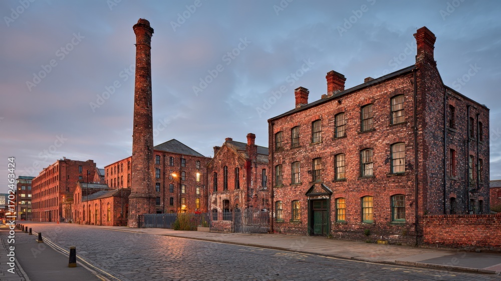 Fototapeta premium Historic Brick Factory Complex at Dusk, Featuring Chimney, Industrial Architecture and Cobblestone Road