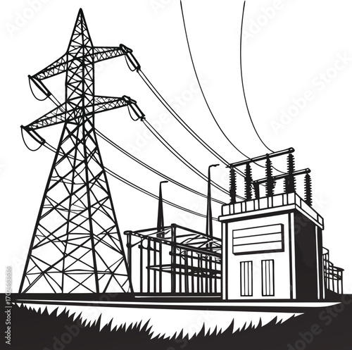High voltage transmission tower with power lines across forest horizon vector silhouette illustration, EPS 10 utility design vector file.