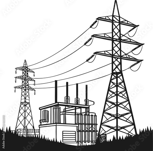 Massive high voltage transmission pylons with extended electric power cables crossing rural fields and forest horizon, black EPS 10 vector silhouette illustration vector file.