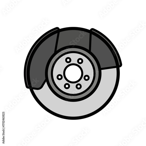 Brake disc rotates near caliper against white background