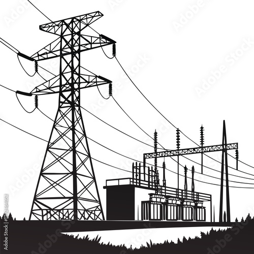 High voltage utility towers with multiple steel frame structures and power lines, EPS 10 black silhouette vector artwork of electricity distribution system, industrial energy grid eps vector file.