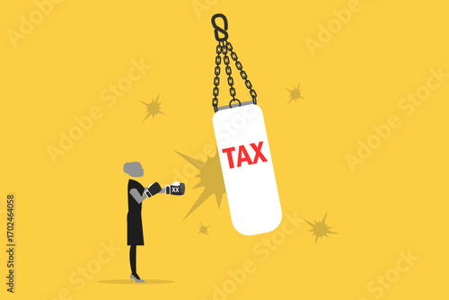 Business woman fighting with steel pendulum text word tax