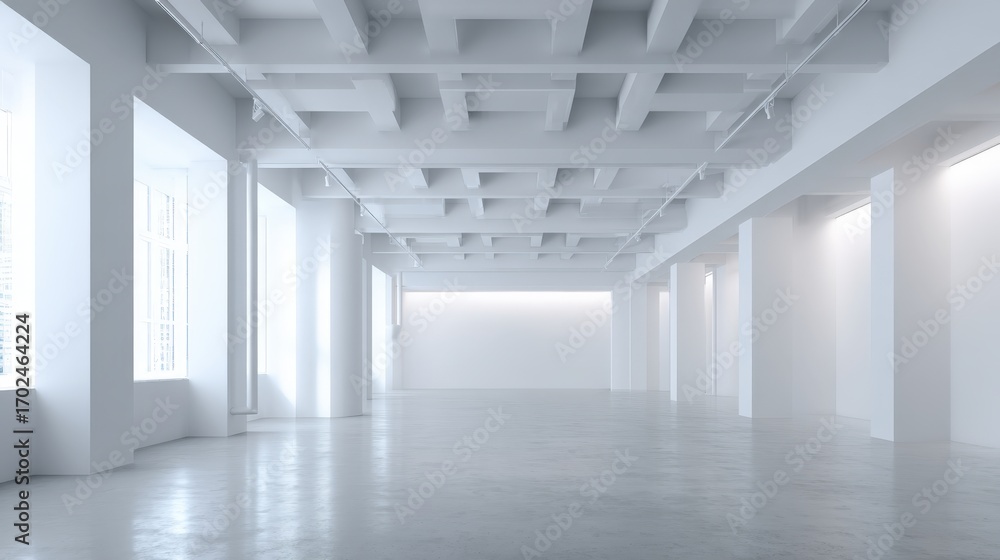 Obraz premium Bright and Minimalist White Loft Interior with Concrete Floors and Exposed Ceiling Beams for Creative Professionals