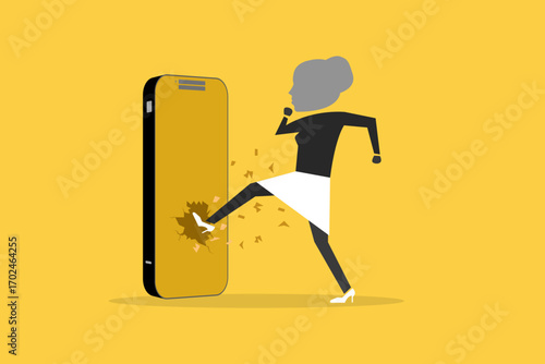 Crazy stressed business woman destroying mobile phone with foot, concept of job burnout, and pressure