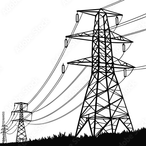  Multiple electric pylons carrying long high voltage wires across countryside horizon, black EPS 10 silhouette vector design of electricity grid, industrial energy infrastructure, and utility eps file