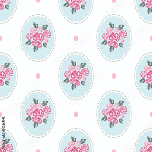 Shabby Chic Pink Roses in Ovals Seamless Pattern