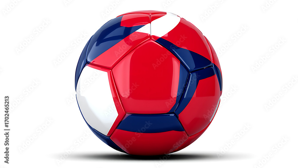 Fototapeta premium A brightly colored soccer ball with hexagonal panels in red, white, and blue, isolated on white.