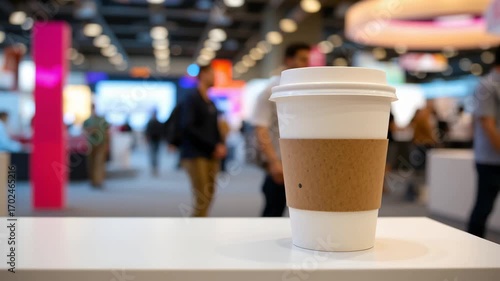 Coffee cup in focus: A detailed shot of a coffee cup with a brown sleeve sitting on a sleek surface with the blurry background of a crowded convention hall.