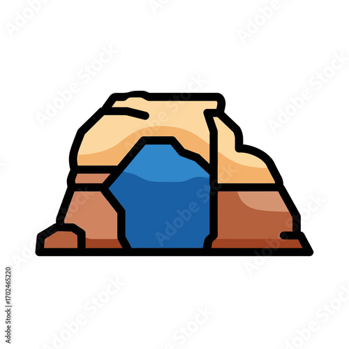 Cave drawing depicts blue water inside canyon desert scene outdoors
