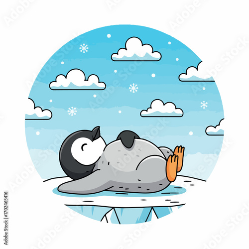 Charming flat illustration featuring a cute baby penguin peacefully sleeping on a floating ice floe