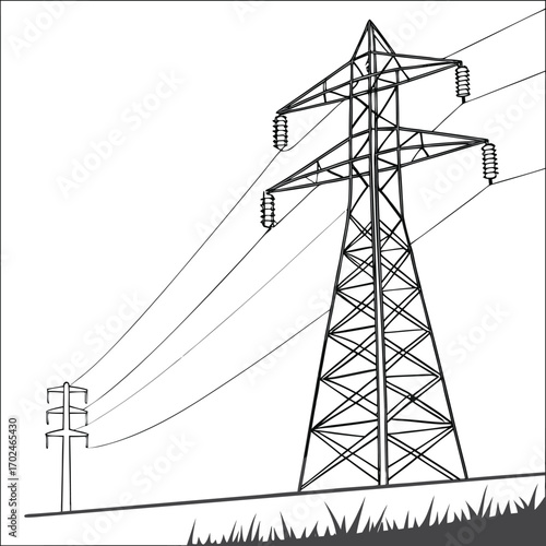 High voltage electricity transmission towers with multiple power lines across forest horizon, black silhouette vector illustration of modern utility infrastructure and energy distribution , EPS 10.