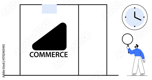 Triangle logo with Commerce text on glass doors, person with magnifier analyzing, and clock at top. Ideal for e-commerce, branding, analysis, time management, business strategy, marketing simple