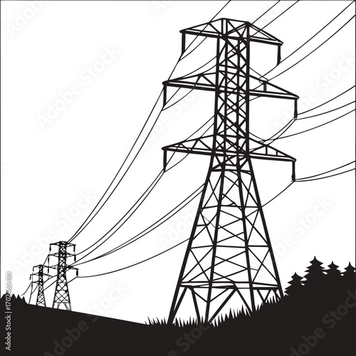 High voltage transmission towers and electric pylons in a forest landscape clean vector illustration of power distribution lines in black silhouette style. EPS 10 utility infrastructure eps vector.
