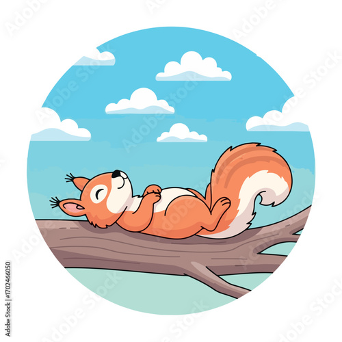 Cute cartoon squirrel peacefully relaxing and napping on a tree branch under a serene blue sky