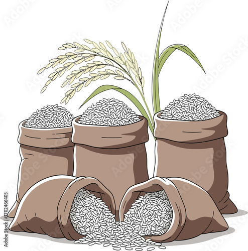 Vector, illustration, sack with rice and rice plants, food ingredients.