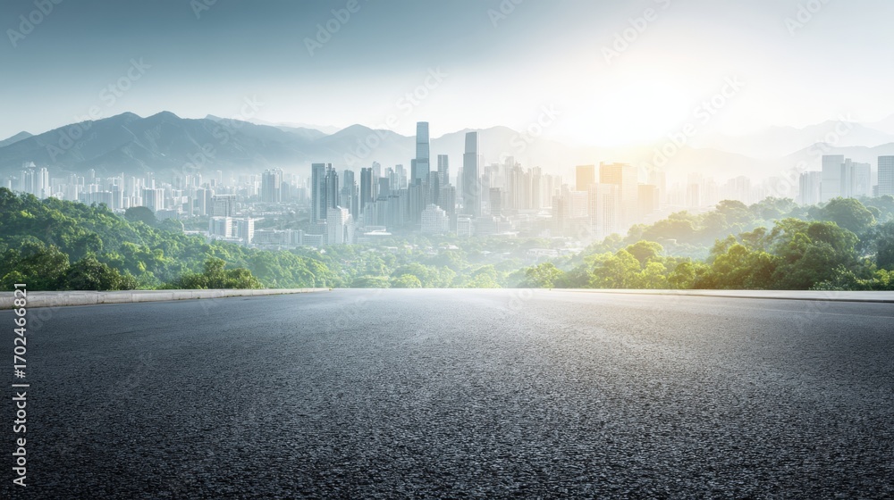Fototapeta premium Urban Skyline Panorama with Empty Road in Foreground, Modern Cityscape Perspective