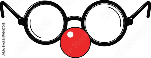 Round glasses with a red clown nose on a white background art