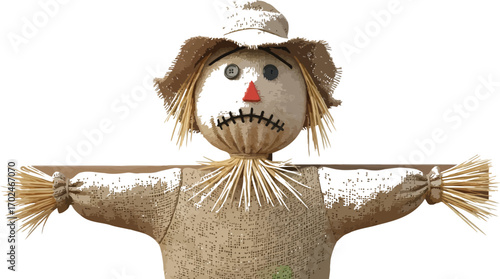 Sad scarecrow with button eyes and straw hair on a white background
