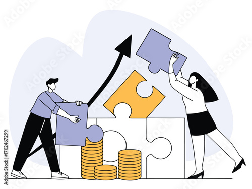 Vibrant flat illustration of teamwork collaboration and business growth with puzzle pieces and coins