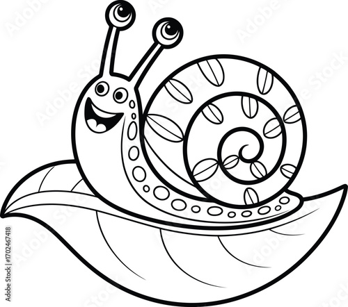 Happy cartoon snail with a patterned shell crawling on a large leaf black and white line art illustration for coloring