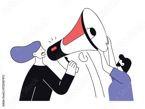 Vector illustration of two people communicating loudly through a megaphone announcing news