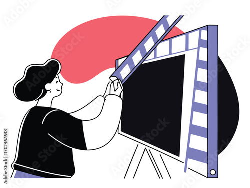 Modern vector illustration of a person adjusting a display screen for digital art creation