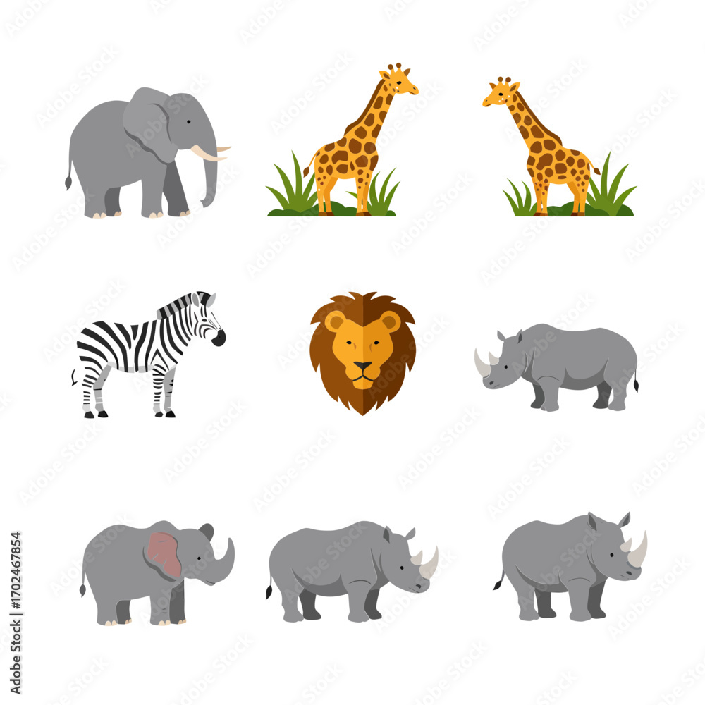 Obraz premium A collection of cartoon safari animals including elephants, giraffes, a zebra, a lion head, and rhinoceros in a flat design style.