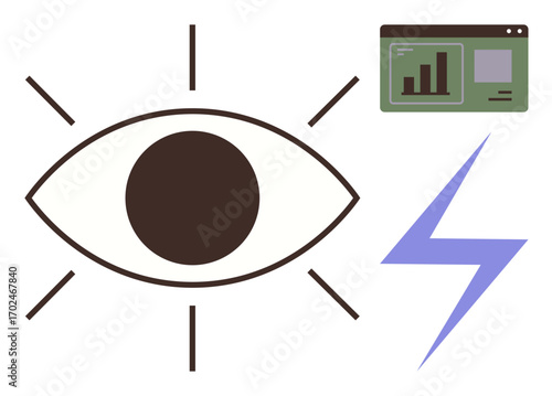 Large eye surrounded by lines, a data analytics chart on a screen, and a lightning bolt. Ideal for vision, data analysis, technology, innovation, energy insight and focus concepts. A simple flat
