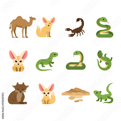 A collection of cartoon desert animals including camels, fennec foxes, scorpions, snakes, and lizards, with sand piles.