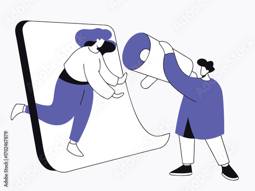 Modern vector illustration of people communicating with megaphone and smartphone for digital marketing
