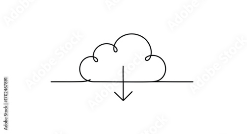 Vector illustration of simple line drawing of a cloud with a downward arrow
