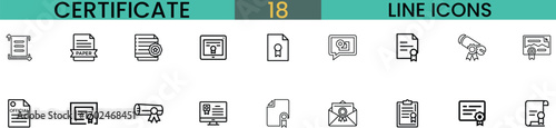 Collection of certificate related line icons for design projects vector