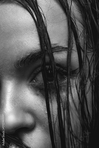 Emotional portrait of a woman with wet hair and tear-streaked face captured in black and white
