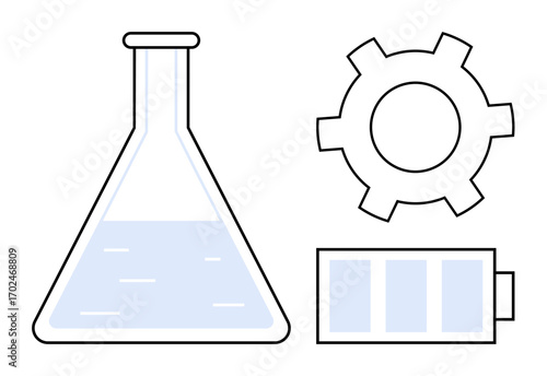 Laboratory flask filled with liquid, gear representing engineering, and battery symbolizing energy. Ideal for science, research, energy, innovation, industry, education simple landing page