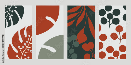 Abstract botanical art with monstera leaves and berries in terracotta green and dark gray colors