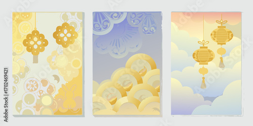 Three panels with golden chinese lanterns and abstract cloud patterns in pastel colors