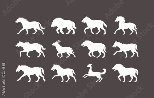 Horse silhouettes vector set with running, galloping, walking, trotting, wild horses, stallion, equestrian, pony, animal outlines