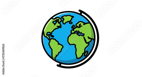 Cartoon Globe Depicting Earth with Green Landmasses and Blue Oceans.