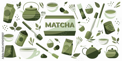 A collection of matcha tea related items and ingredients arranged in a decorative pattern