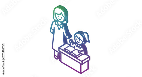 Colorful gradient line art illustration of a teacher helping a young student with her book at a desk.