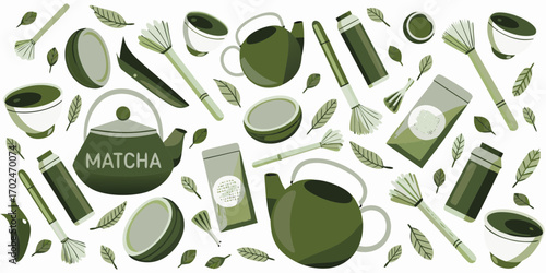 Green matcha tea ceremony elements including teapots cups whiskers and powder bags scattered