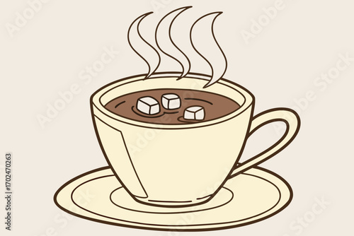 Vector art of a steaming cup of hot chocolate with marshmallows, perfect for a cozy winter day and a sweet treat to enjoy