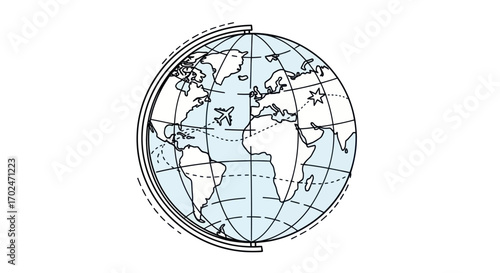 Hand-Drawn Outline World Globe with Latitude and Longitude Lines.