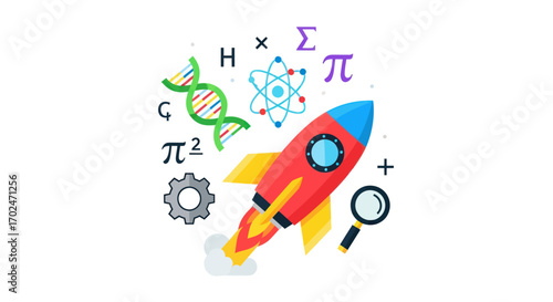 Colorful Rocket Launch with Science and Math Education Symbols.
