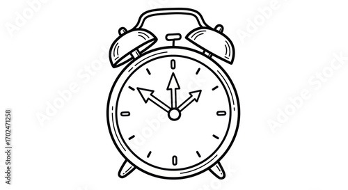Classic Alarm Clock Illustration with Bells and Hour Minute and Second Hands.