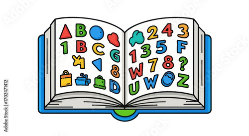 Open Educational Book with Colorful Shapes and Numbers.