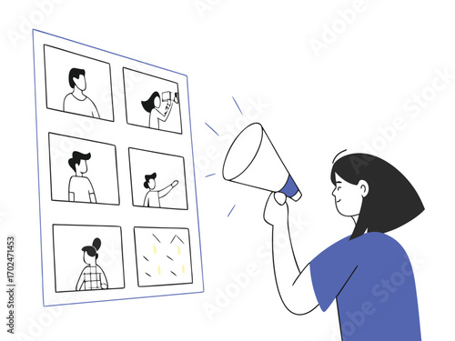 Flat design vector illustration of person with megaphone announcing to group on screen