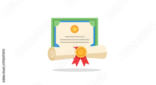 Award Certificate and Rolled Diploma with Red Ribbon Seal.